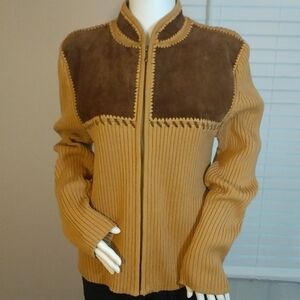 Lisa International Long Sleeves Zip Tan Knit Brown Suede Cardigan Sweater Size L